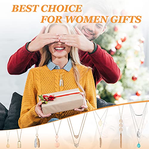 Hicarer 30 Pieces Long Pendant Necklace Set Simple Bar Layer Tassel Y Tassel Leaf Circle Bar Necklace Y-Shaped Statement Sweater Necklace for Women Girls