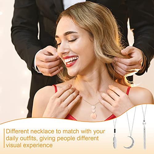 Hicarer 30 Pieces Long Pendant Necklace Set Simple Bar Layer Tassel Y Tassel Leaf Circle Bar Necklace Y-Shaped Statement Sweater Necklace for Women Girls