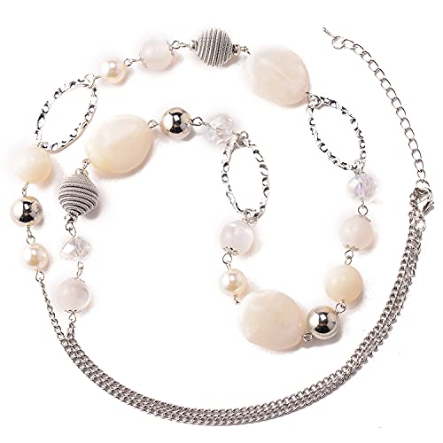 BULINLIN Beaded Long Necklace for Women Silver Sweater Chain Necklace with Crystal Resin Beads, Fashion Jewelry for Girls(White)