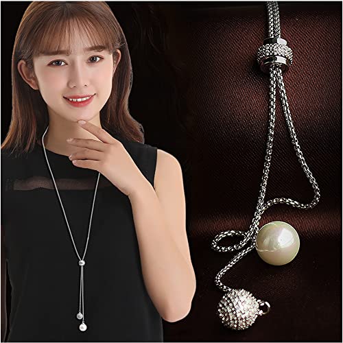 Pearl Pendant Long Necklace for Women Sweater Chain Statement Necklace Choker Adjustable Elegant Jewelry Crystal Accessories Dressy Collocation Winter Evening Party Wedding (Silver, Adjustable)