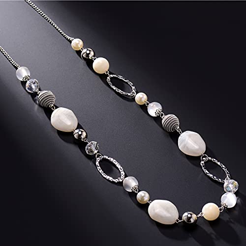 BULINLIN Beaded Long Necklace for Women Silver Sweater Chain Necklace with Crystal Resin Beads, Fashion Jewelry for Girls(White)