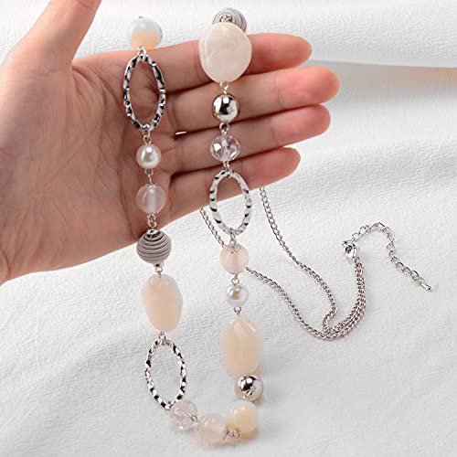 BULINLIN Beaded Long Necklace for Women Silver Sweater Chain Necklace with Crystal Resin Beads, Fashion Jewelry for Girls(White)