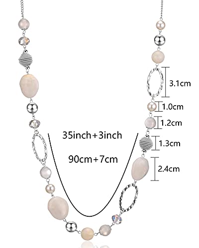 BULINLIN Beaded Long Necklace for Women Silver Sweater Chain Necklace with Crystal Resin Beads, Fashion Jewelry for Girls(White)