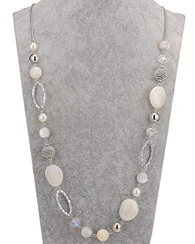 BULINLIN Beaded Long Necklace for Women Silver Sweater Chain Necklace with Crystal Resin Beads, Fashion Jewelry for Girls(White)
