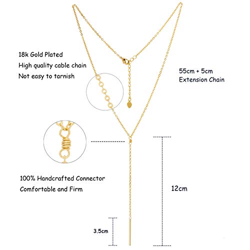 Aobei Pearl 18K Gold Vertical Bar Necklace Long Lariat Y-shaped Chain Dainty Minimalist Jewelry for Women