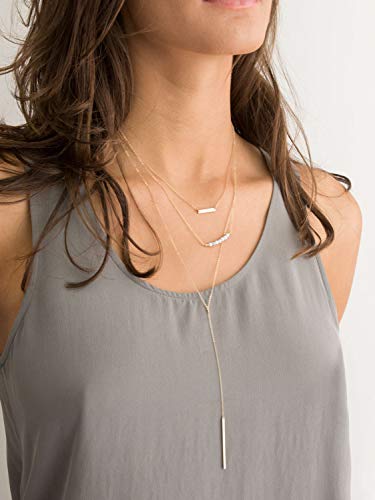Aobei Pearl 18K Gold Vertical Bar Necklace Long Lariat Y-shaped Chain Dainty Minimalist Jewelry for Women