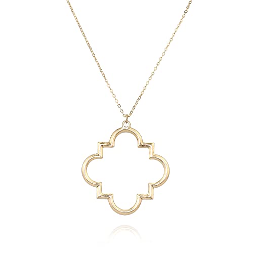 POMINA Gold Fashion Long Chain Necklace Quatrefoil Necklace Two-Tone Clover Pendant Necklace Geometric Pendant Sweater Long Necklace for Women (Worn Gold)