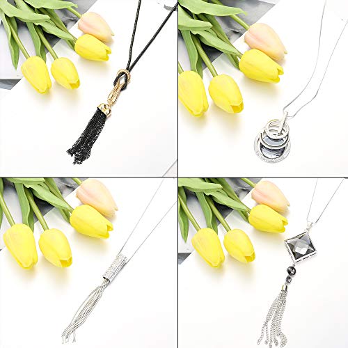 Jstyle 6Pcs Women Long Sweater Necklace Silver Plated Rhinestone Flower Tassel Pendant Neckace Jewelry Women Gifts