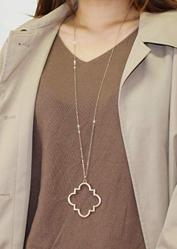 POMINA Gold Fashion Long Chain Necklace Quatrefoil Necklace Two-Tone Clover Pendant Necklace Geometric Pendant Sweater Long Necklace for Women (Worn Gold)