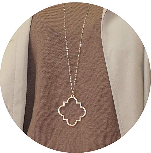 POMINA Gold Fashion Long Chain Necklace Quatrefoil Necklace Two-Tone Clover Pendant Necklace Geometric Pendant Sweater Long Necklace for Women (Worn Gold)