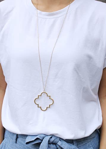 POMINA Gold Fashion Long Chain Necklace Quatrefoil Necklace Two-Tone Clover Pendant Necklace Geometric Pendant Sweater Long Necklace for Women (Worn Gold)
