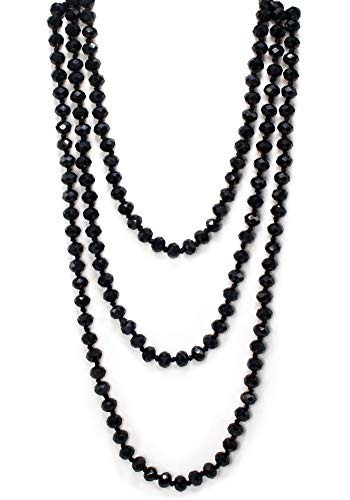 Miracle Collection 60" Knotted Crystal Beads Endless Long Statement Necklace-Versatile Beaded Strand Lariat Multi Layer Infinity Wrap with 8mm Faceted Crystal Bead and Pearl (Black)