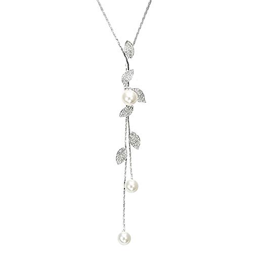HSQYJ Shaped Y-Shaped Necklace Bohemian Crystal Pearl Flower Leaf Dangle Long Necklace Adjustable Elegant Tassel Sweater Chain Women Jewelry (Leaf Pearl Necklace)