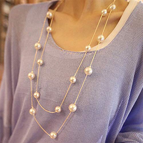 BeeSpring Women Ladies Multilayers Simulation-Pearls Long Chain Sweater Necklace Gift L