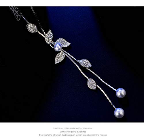 HSQYJ Shaped Y-Shaped Necklace Bohemian Crystal Pearl Flower Leaf Dangle Long Necklace Adjustable Elegant Tassel Sweater Chain Women Jewelry (Leaf Pearl Necklace)