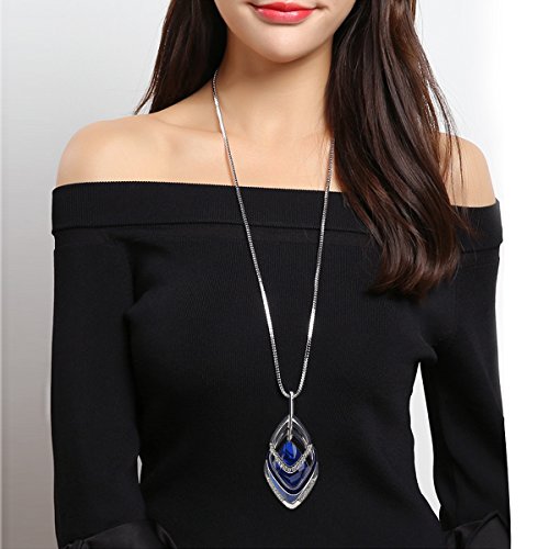 Gexo Solid Long Chain Necklace for Women Created Crystal Sweater Triple Stack Pendant Necklace-Blue Fashion Jewelry