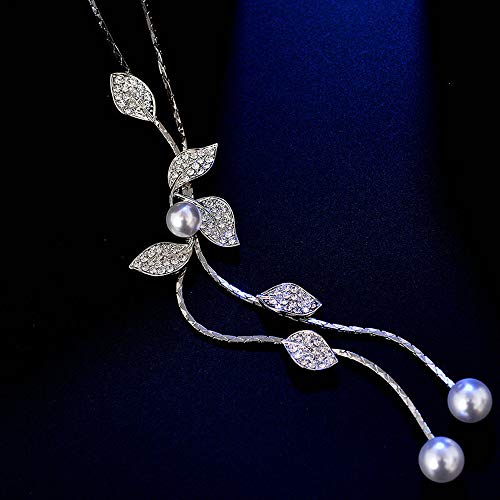 HSQYJ Shaped Y-Shaped Necklace Bohemian Crystal Pearl Flower Leaf Dangle Long Necklace Adjustable Elegant Tassel Sweater Chain Women Jewelry (Leaf Pearl Necklace)