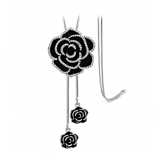 Cathercing Rhinestone Black Rose Pendant Long Necklace for Women Sweater Chain Statement Necklace Choker Adjustable Elegant Jewelry Crystal Accessories Dressy Collocation Winter Evening Party Wedding
