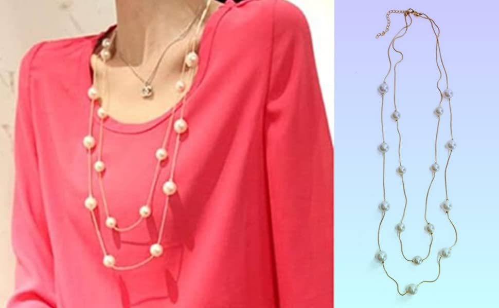 BeeSpring Women Ladies Multilayers Simulation-Pearls Long Chain Sweater Necklace Gift L