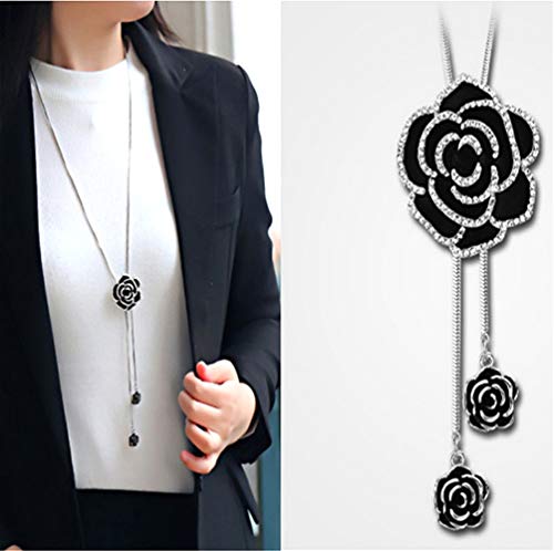 Cathercing Rhinestone Black Rose Pendant Long Necklace for Women Sweater Chain Statement Necklace Choker Adjustable Elegant Jewelry Crystal Accessories Dressy Collocation Winter Evening Party Wedding
