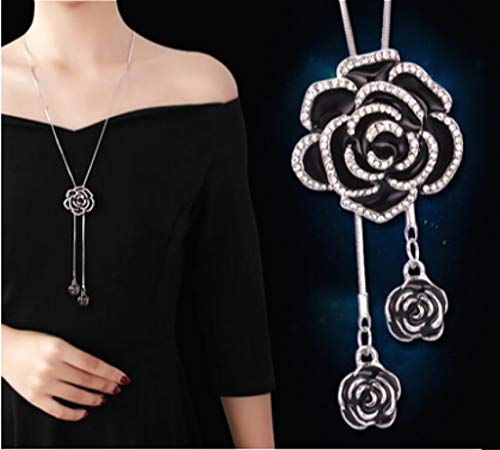 Cathercing Rhinestone Black Rose Pendant Long Necklace for Women Sweater Chain Statement Necklace Choker Adjustable Elegant Jewelry Crystal Accessories Dressy Collocation Winter Evening Party Wedding
