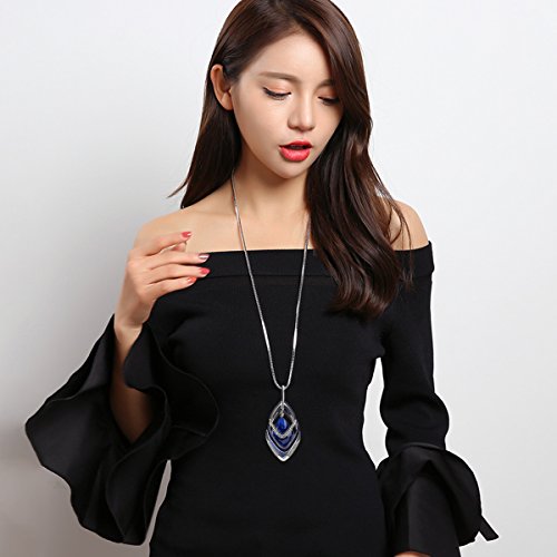 Gexo Solid Long Chain Necklace for Women Created Crystal Sweater Triple Stack Pendant Necklace-Blue Fashion Jewelry