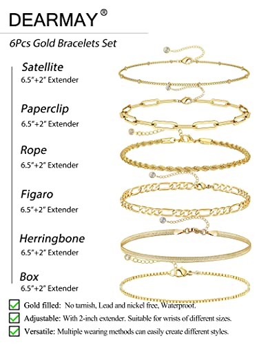 DEARMAY Gold Bracelets for Women 14K Real Gold Plated Jewelry Sets Stack Trendy Dainty Stackable Paperclip Rope Snake Box Figaro Chain Bracelets Pack Costume Fashion Filled Gifts for Womens