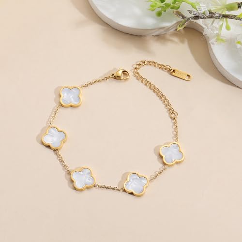 AIPPK 18K Gold Plated Clover Lucky Bracelet Van Cleef Bracelet Dupes for Women White Flower Four Leaf Bracelets Trendy Jewelry Gifts for Women