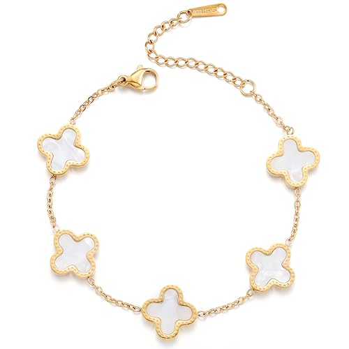 TICVRSS 18K Gold Plated Clover Bracelet for Women Van Cleef White Flower Bracelet Lucky Four Leaf Link Bracelets Necklace Jewelry Gifts Trendy for Women