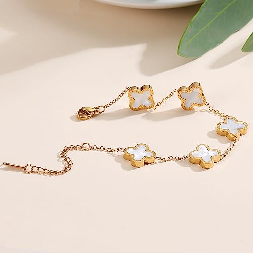 TICVRSS 18K Gold Plated Clover Bracelet for Women Van Cleef White Flower Bracelet Lucky Four Leaf Link Bracelets Necklace Jewelry Gifts Trendy for Women