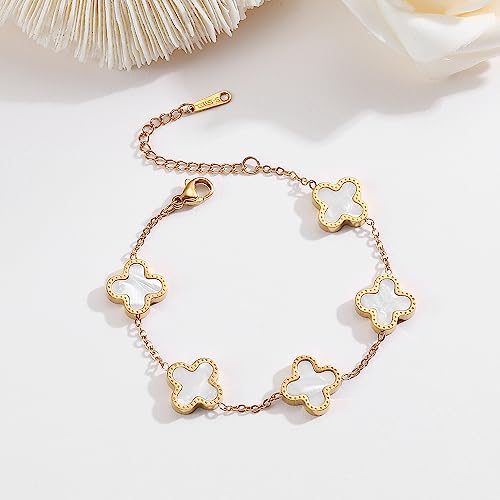 TICVRSS 18K Gold Plated Clover Bracelet for Women Van Cleef White Flower Bracelet Lucky Four Leaf Link Bracelets Necklace Jewelry Gifts Trendy for Women