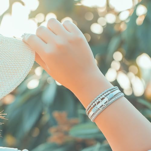 FANCY SHINY Boho Wrap Bracelets Leather Cuff Bangle Gold Beaded Bracelets for Women Stackable Infinity Bracelets Jewelry with Clasp(Silver)