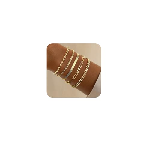 Poxtex Gold Bracelets for Women Girls, 14K Gold Dainty Waterproof Adjustable Bracelets for Girls Trendy, Gold JLink Bracelets Sets Inclued Beaded, Cuban, Paperclip, Herringbone, Rope, 7"+2" Extender Chain, Mother's Day Gifts for Mom