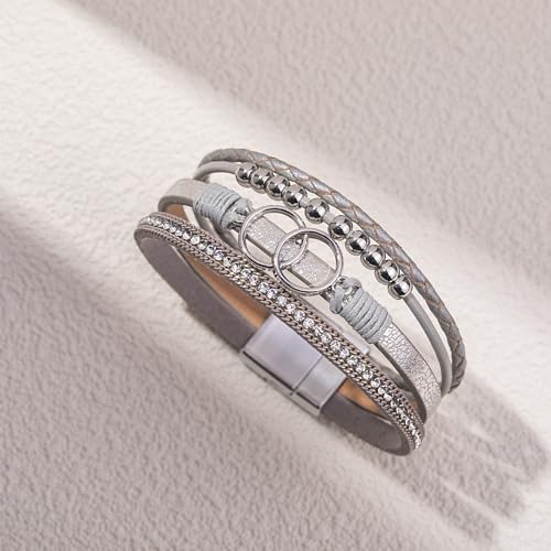 FANCY SHINY Boho Wrap Bracelets Leather Cuff Bangle Gold Beaded Bracelets for Women Stackable Infinity Bracelets Jewelry with Clasp(Silver)