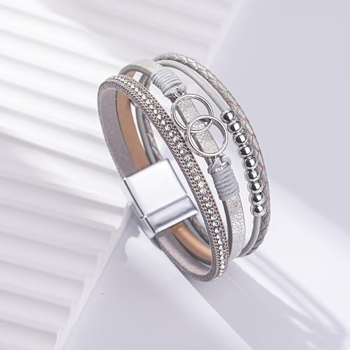 FANCY SHINY Boho Wrap Bracelets Leather Cuff Bangle Gold Beaded Bracelets for Women Stackable Infinity Bracelets Jewelry with Clasp(Silver)