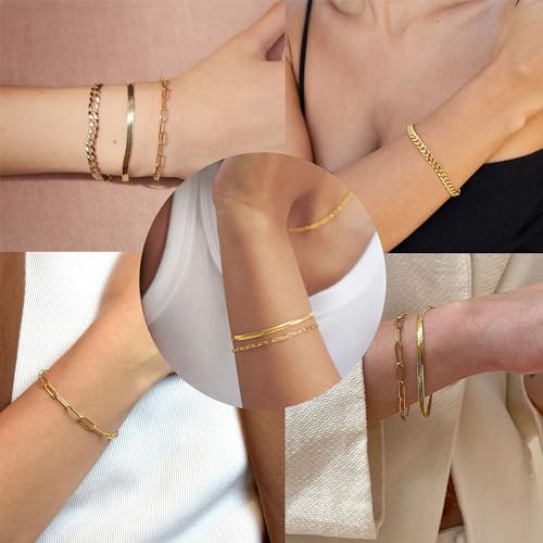 Poxtex Gold Bracelets for Women Girls, 14K Gold Dainty Waterproof Adjustable Bracelets for Girls Trendy, Gold JLink Bracelets Sets Inclued Beaded, Cuban, Paperclip, Herringbone, Rope, 7"+2" Extender Chain, Mother's Day Gifts for Mom