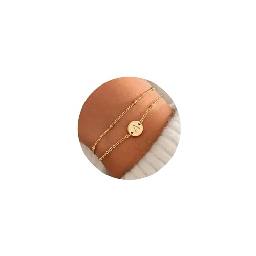 MONOZO Gold Bracelets for Women Girls- 16K Gold Plated Layered Letter Initial Bracelet Dainty Disc Letter A Initial Bracelets for Women Gold Initial Bracelets for Women Teen Girls Jewelry Gifts