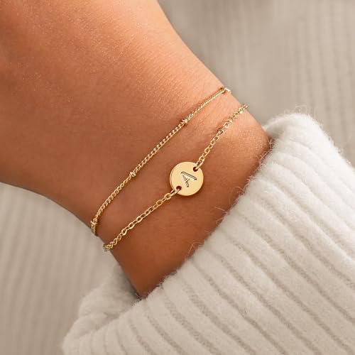 MONOZO Gold Bracelets for Women Girls- 16K Gold Plated Layered Letter Initial Bracelet Dainty Disc Letter A Initial Bracelets for Women Gold Initial Bracelets for Women Teen Girls Jewelry Gifts
