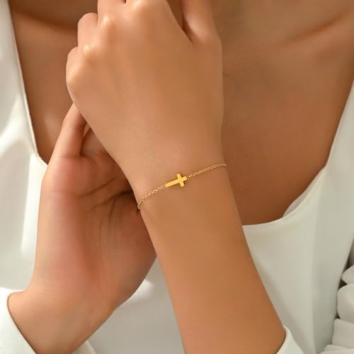 foyjoey 18K Gold Tiny Sideways Cross Bracelets for Women Adjustable Simple Gold Thin Religious Charm Bracelet Stainless Steel Dainty Link Chain Bracelet Baptism Jewelry Gifts
