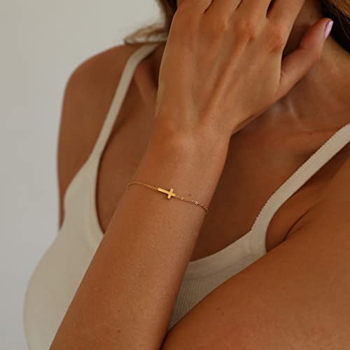 foyjoey 18K Gold Tiny Sideways Cross Bracelets for Women Adjustable Simple Gold Thin Religious Charm Bracelet Stainless Steel Dainty Link Chain Bracelet Baptism Jewelry Gifts