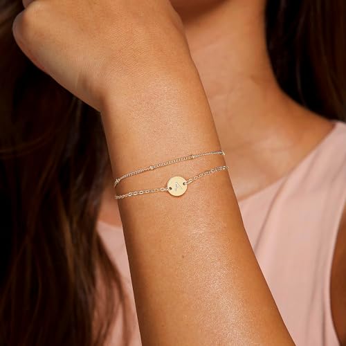 MONOZO Gold Bracelets for Women Girls- 16K Gold Plated Layered Letter Initial Bracelet Dainty Disc Letter A Initial Bracelets for Women Gold Initial Bracelets for Women Teen Girls Jewelry Gifts