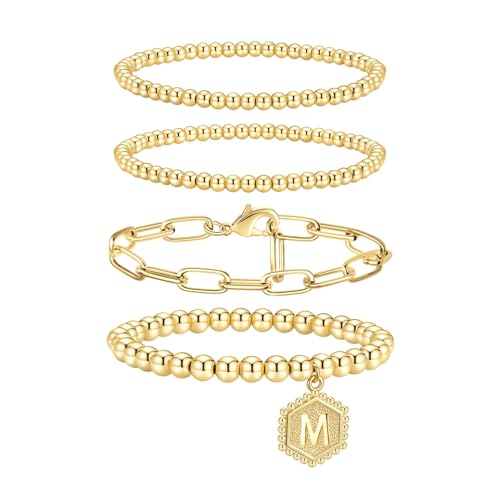 doubgood Gold Beaded Bracelets for Women, Stackable Gold Bracelets for Women 14K Real Gold Plated Stretch Bead Ball Bracelet with Letter Pendant M