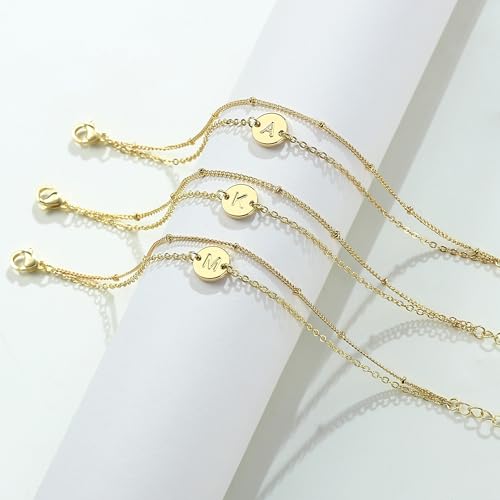 MONOZO Gold Bracelets for Women Girls- 16K Gold Plated Layered Letter Initial Bracelet Dainty Disc Letter A Initial Bracelets for Women Gold Initial Bracelets for Women Teen Girls Jewelry Gifts
