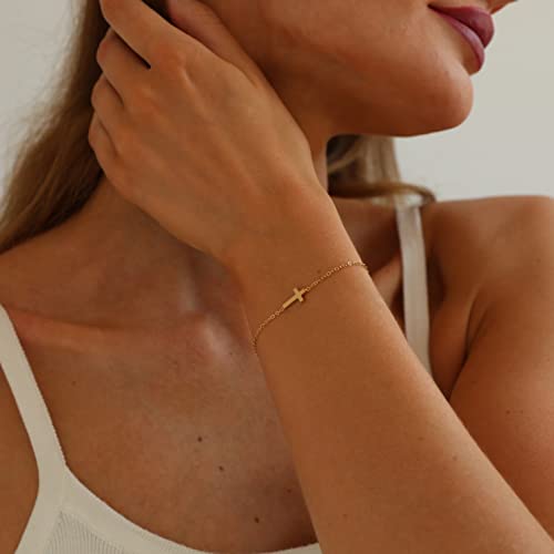 foyjoey 18K Gold Tiny Sideways Cross Bracelets for Women Adjustable Simple Gold Thin Religious Charm Bracelet Stainless Steel Dainty Link Chain Bracelet Baptism Jewelry Gifts