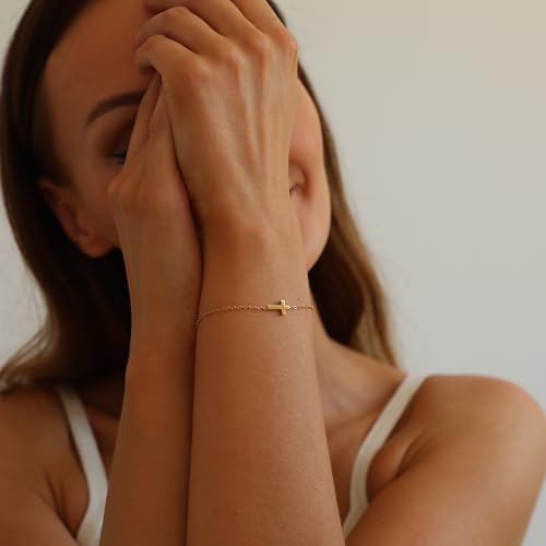 foyjoey 18K Gold Tiny Sideways Cross Bracelets for Women Adjustable Simple Gold Thin Religious Charm Bracelet Stainless Steel Dainty Link Chain Bracelet Baptism Jewelry Gifts