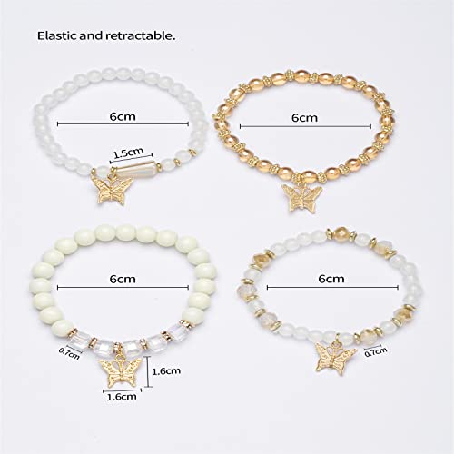 4Pcs Set Bohemian Butterfly Crystal Stone Stretch Pendant Bracelets for Women Girls Gold Beaded Stackable Stretch Bracelet Colorful Charm Jewelry Boho Summer Beach-White