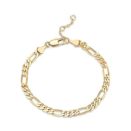 PAVOI 14K Gold Plated Paperclip/Curb/Figaro Chain Adjustable Bracelet for Women (Figaro-L, Yellow Gold Plated)