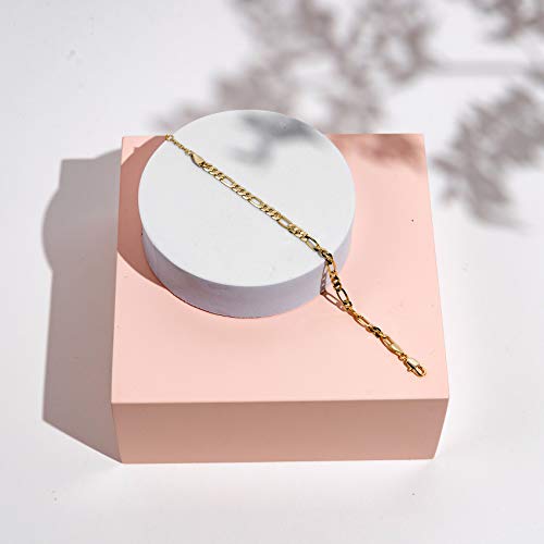 PAVOI 14K Gold Plated Paperclip/Curb/Figaro Chain Adjustable Bracelet for Women (Figaro-L, Yellow Gold Plated)