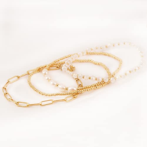 Pymach Dainty Gold Pearl Crystal Beaded Bracelets Set for Women 14K Real Gold Plated Bead Pearl Crystal Beads Bracelet Stake Paperclip Link Chain Bracelets Gold Bracelets for Women Trendy Jewelry