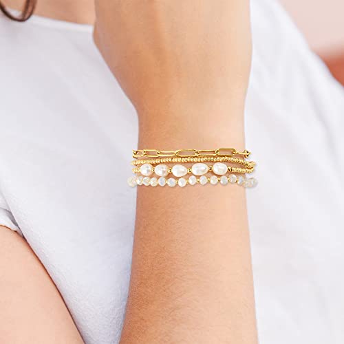 Pymach Dainty Gold Pearl Crystal Beaded Bracelets Set for Women 14K Real Gold Plated Bead Pearl Crystal Beads Bracelet Stake Paperclip Link Chain Bracelets Gold Bracelets for Women Trendy Jewelry